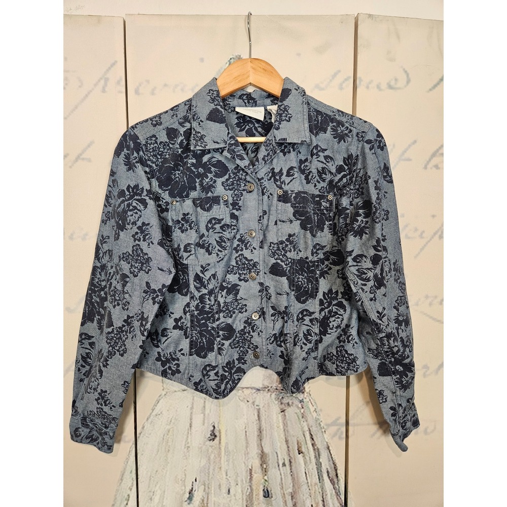 Liz Claiborne Lizwear Jeans Blue Floral Cropped Denim Jacket Womens Medium 8491